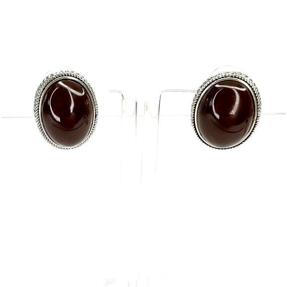 Vintage Brown Cabochon Oval Earrings Silver Metal Post Stud Dome Rounded 90s - Picture 2 of 3